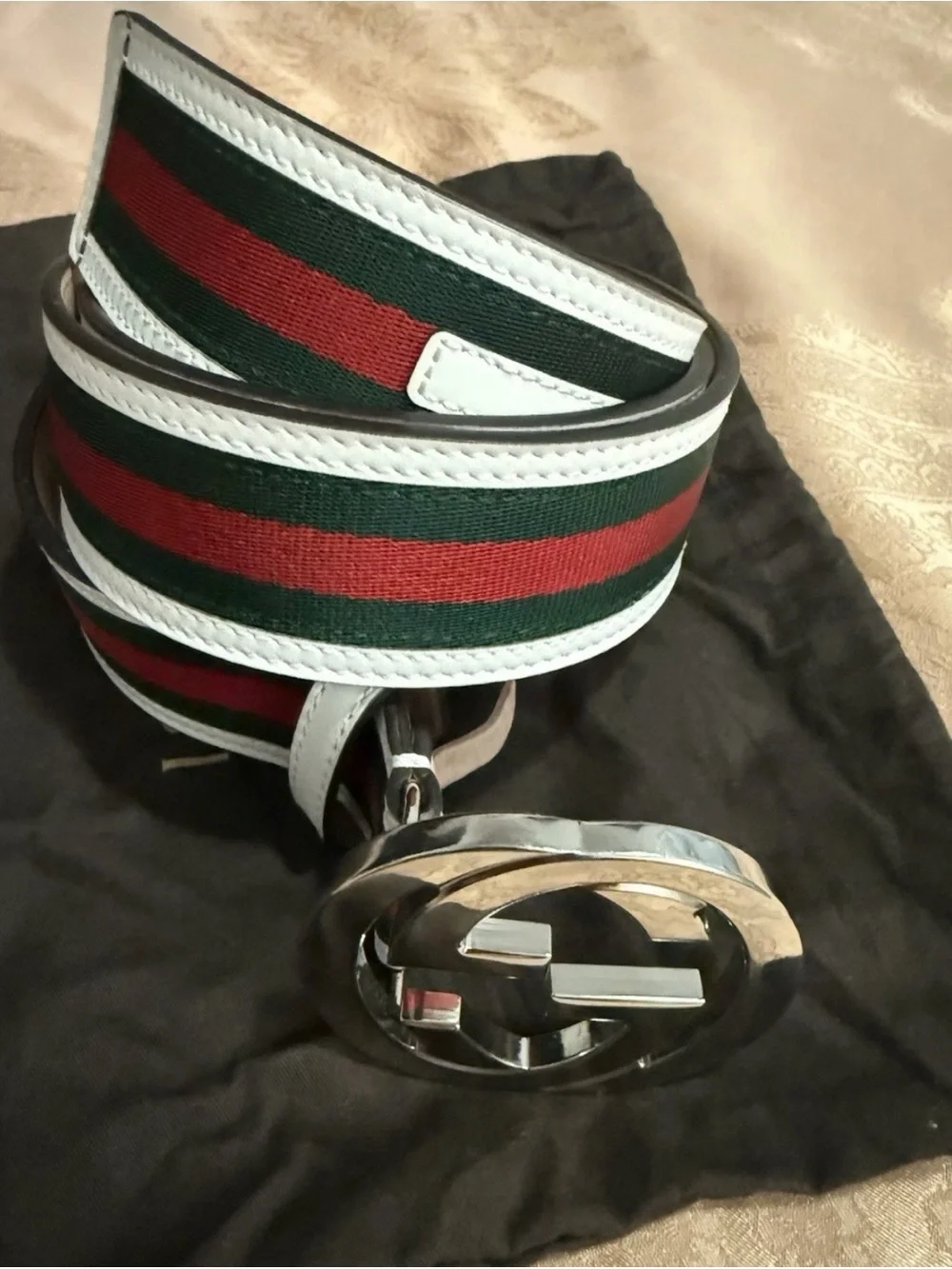 Gucci Red & Green Web Stripe Belt with White Trim and Silver GG Buckle